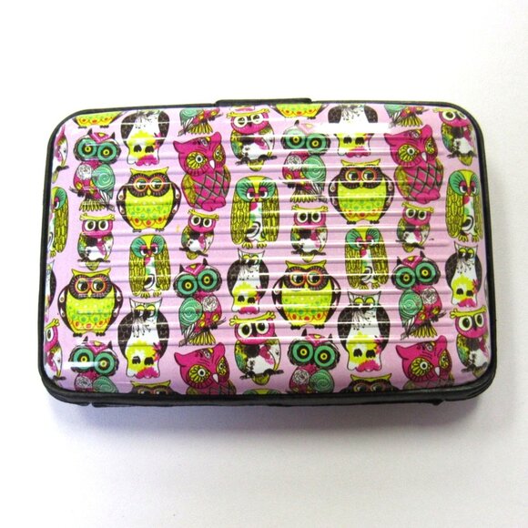 Multicolor Owl Print Hard Sided Credit Card Holder Case Wallet New - Picture 1 of 2